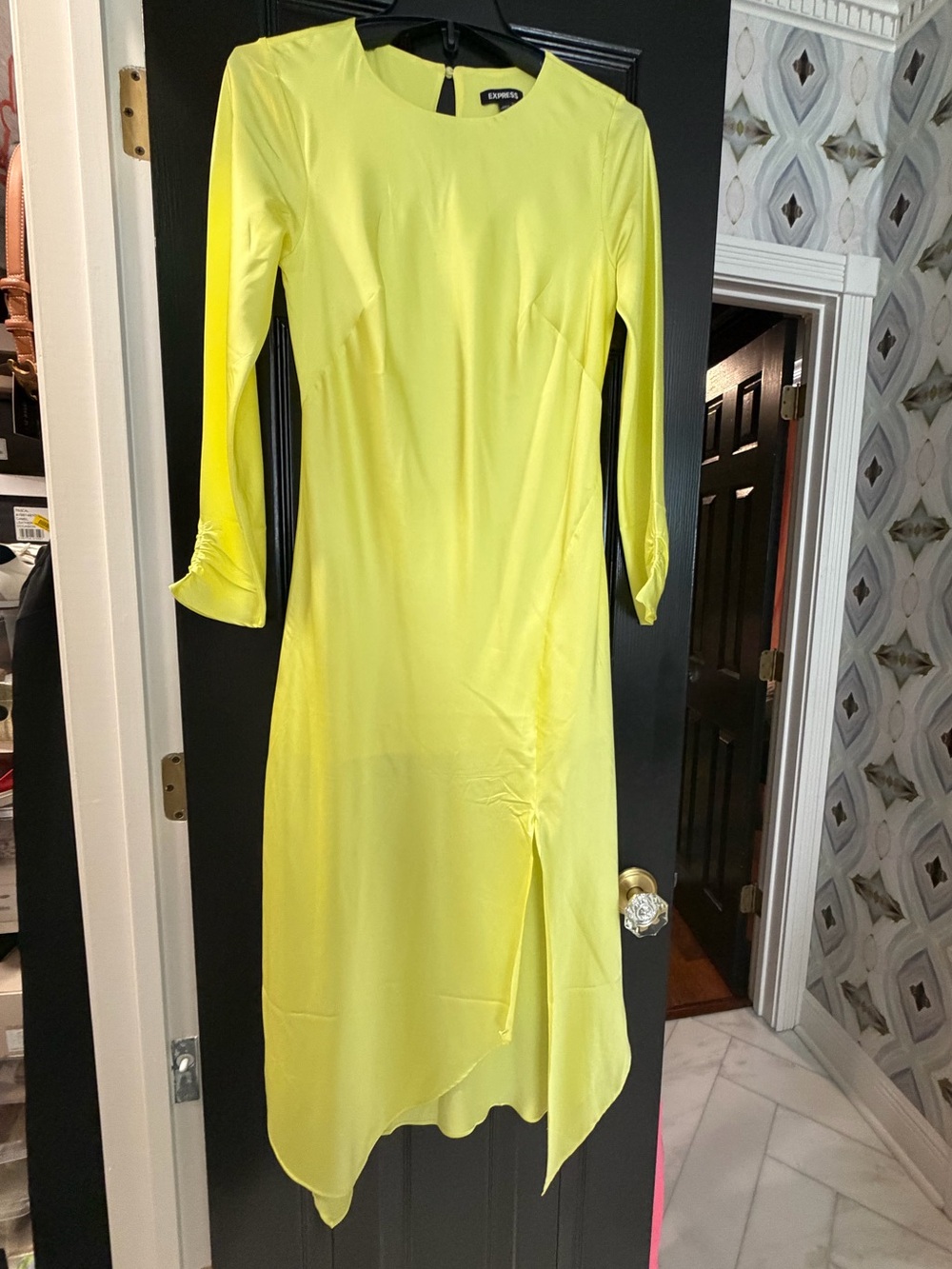Express Neon Yellow Asymmetrical Midi Dress